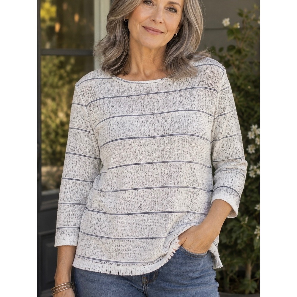 Talbots Grey Striped Fringe Hem Knit Top Size MP Petites 3/4 Sleeve Casual